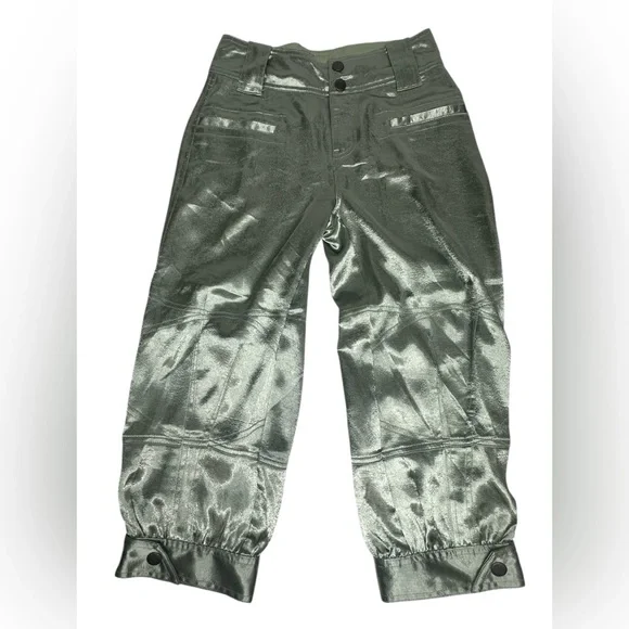 NEW Free People Ryder Pants Metallic Silver Satin Moto Crop Vegan Shiny Green 0 - Picture 6 of 13